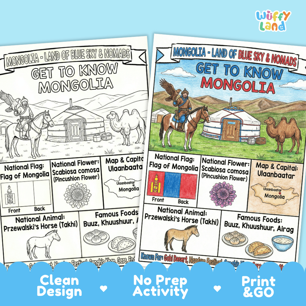 Mongolia Geography Coloring Poster and Fact Sheet Printables