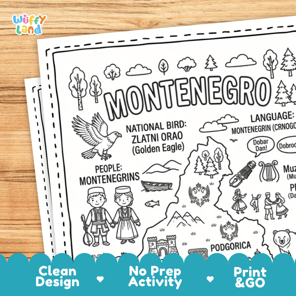 Cultural coloring page featuring traditional Montenegrin attire, gusle music, folk dance, pomegranates, and Dobar Dan greeting speech bubble