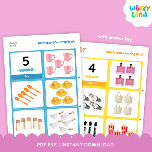 Two Montessori-inspired counting worksheets for numbers 4 and 5, featuring real-life object images such as cups, hats, perfume bottles, and popcorn. Each page includes number symbols, counting beads, and matching picture sets for hands-on learning.