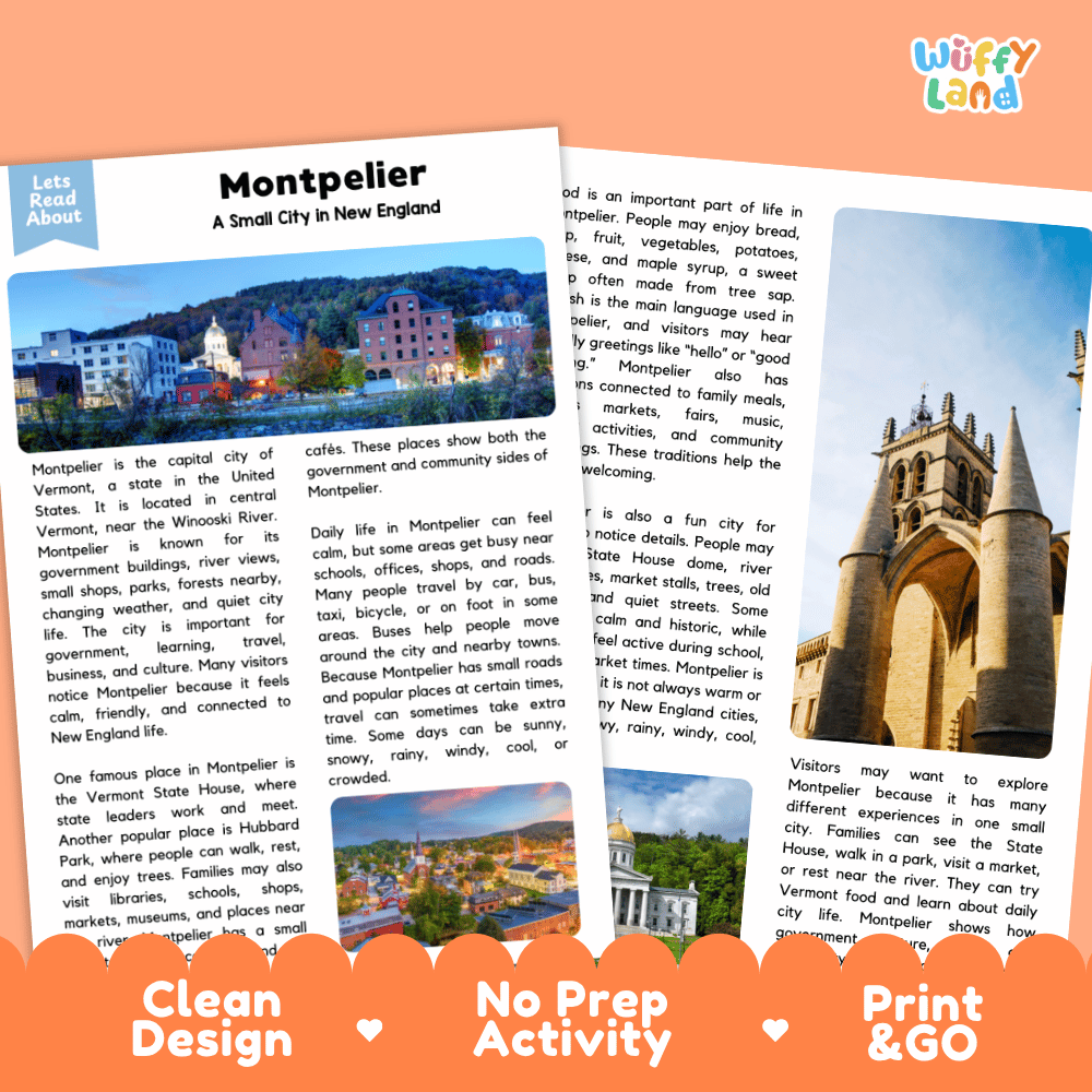 Reference sheet and answer key for Montpelier landmark reading passage displaying completed comprehension answers and United States geography facts
