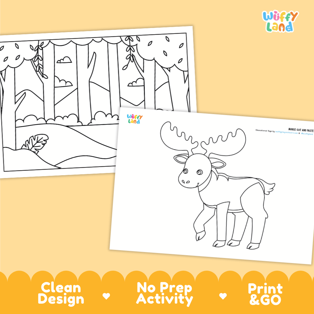 Moose Cut and Paste Craft and Coloring Activity Worksheets