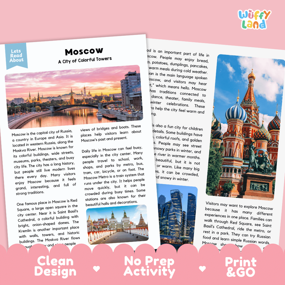 Reference sheet and answer key for Moscow landmark reading passage displaying completed comprehension answers and European geography facts