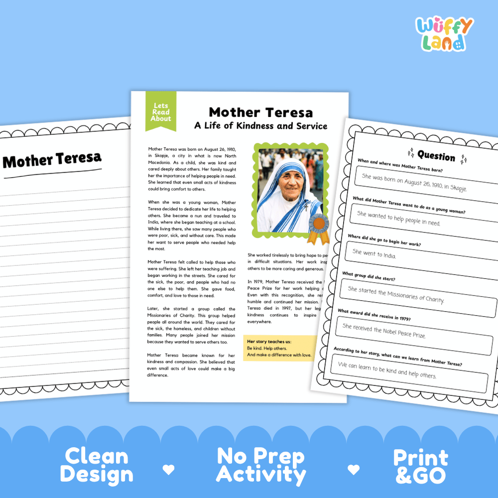Educational activity sheets about Mother Teresa displayed on a light blue background. The center sheet is titled 'Mother Teresa: A Life of Kindness and Service' with text, a small photo of Mother Teresa, and colored highlight boxes.