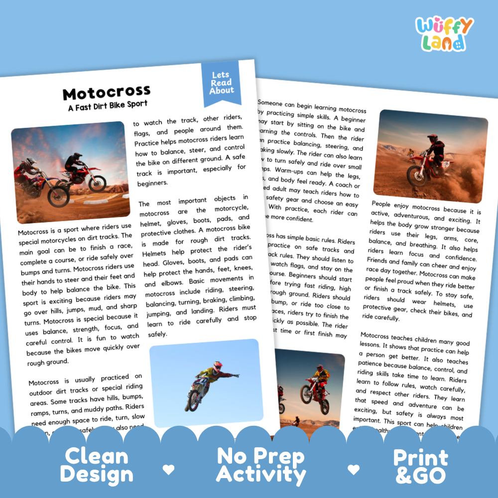Motocross Sports Reading Passages and Comprehension Questions Worksheets