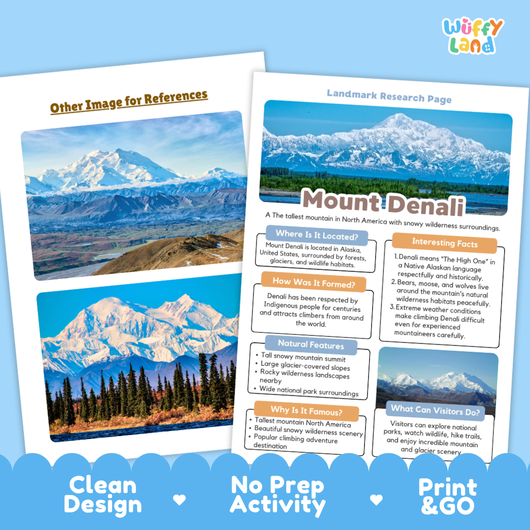 Two printed educational poster sheets about Mount Denali are shown on a light blue background with decorative text reading 'Other Image for References,' 'Landmark Research Page,' and 'Clean Design | No Prep Activity | Print & GO.' The sheets feature a mountain landscape photo and informational text blocks.