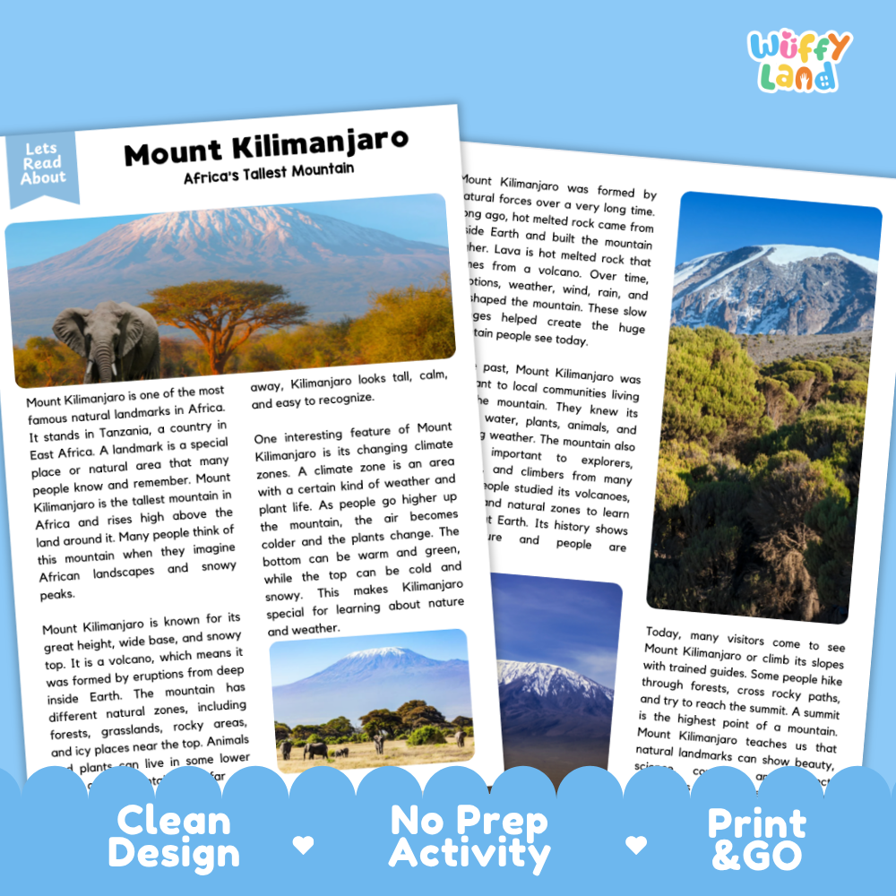 Two printed activity cards for a children's outdoor learning activity about Mount Kilimanjaro, shown on a white background with the brand name 'Wuffly Land' in the top right corner.