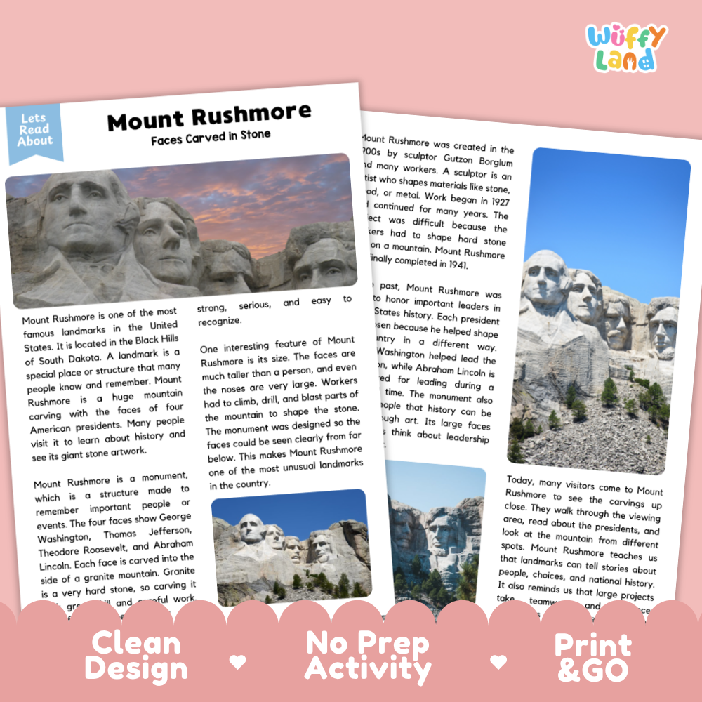 Mount Rushmore Landmark Reading Passage and Comprehension Questions