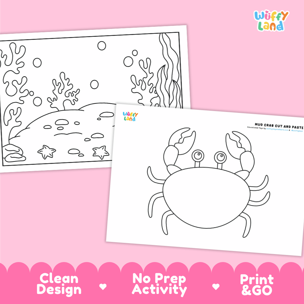 Mud Crab Cut and Paste Craft and Coloring Activity Worksheets