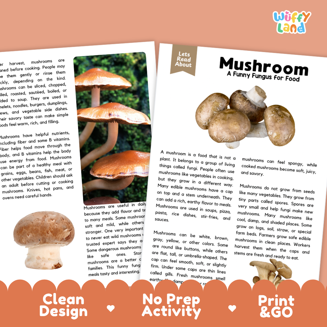 Teacher answer key page showing complete question solutions for mushroom reading comprehension practice