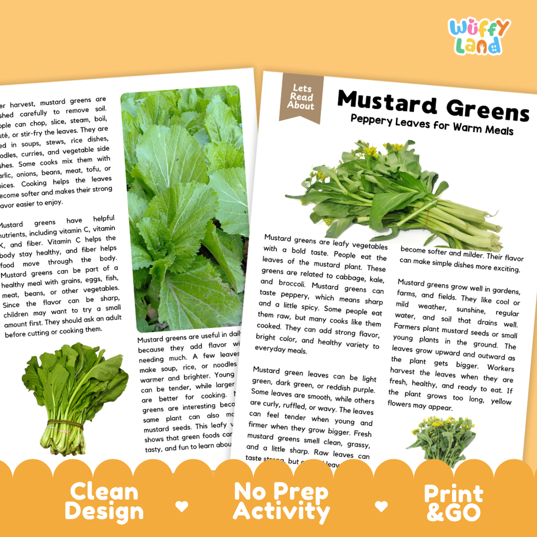 Teacher answer key page showing complete question solutions for mustard greens reading comprehension practice