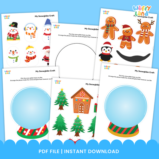 Printable snowglobe craft activity for kids featuring a blank snowglobe template to draw or paste items inside. Surrounded by cute winter graphics like a gingerbread cookie, snowman, penguin, presents, crayons, and scissors. Fun holiday-themed art project for preschool and elementary students