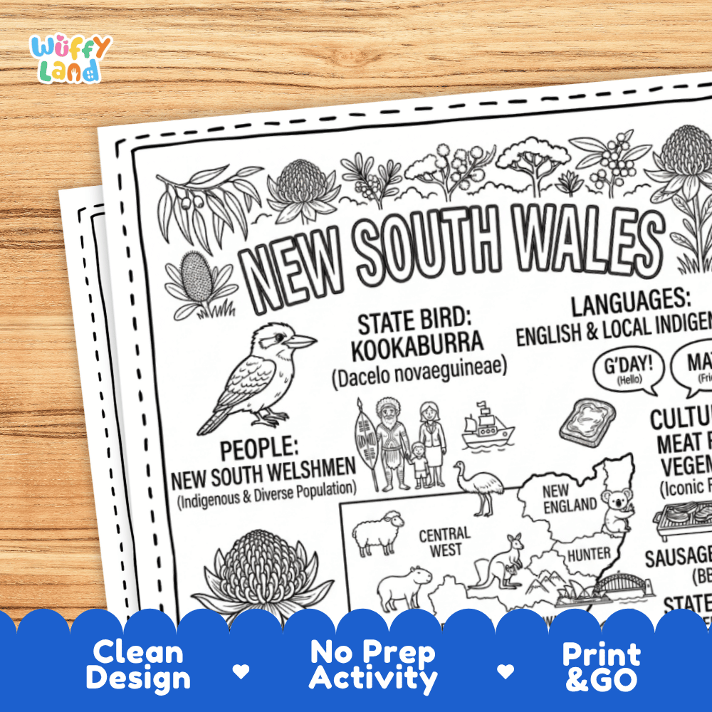 Cultural coloring page featuring Aboriginal dot art, Lightning Ridge opals, Australian foods like Tim Tams, and Gday greeting speech bubbles