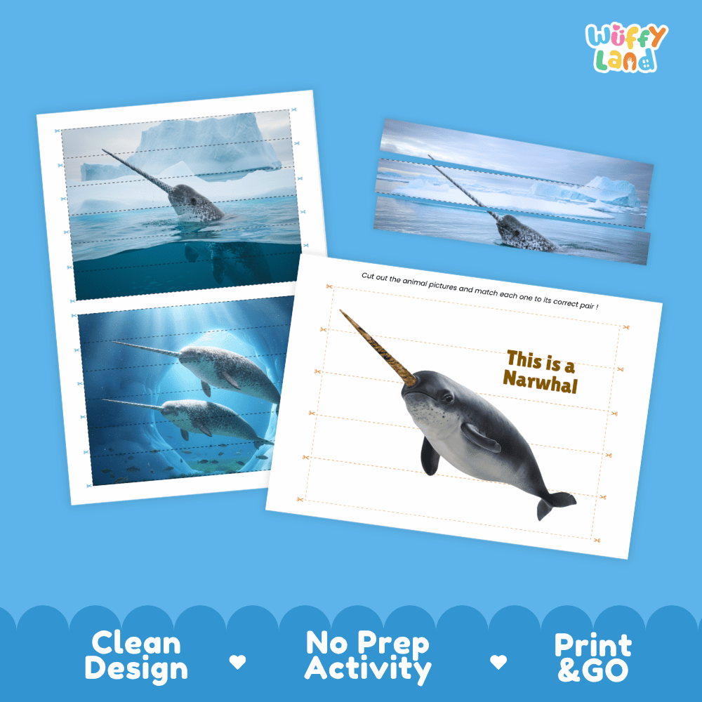Narwhal Cut and Match Puzzle Activity Worksheets