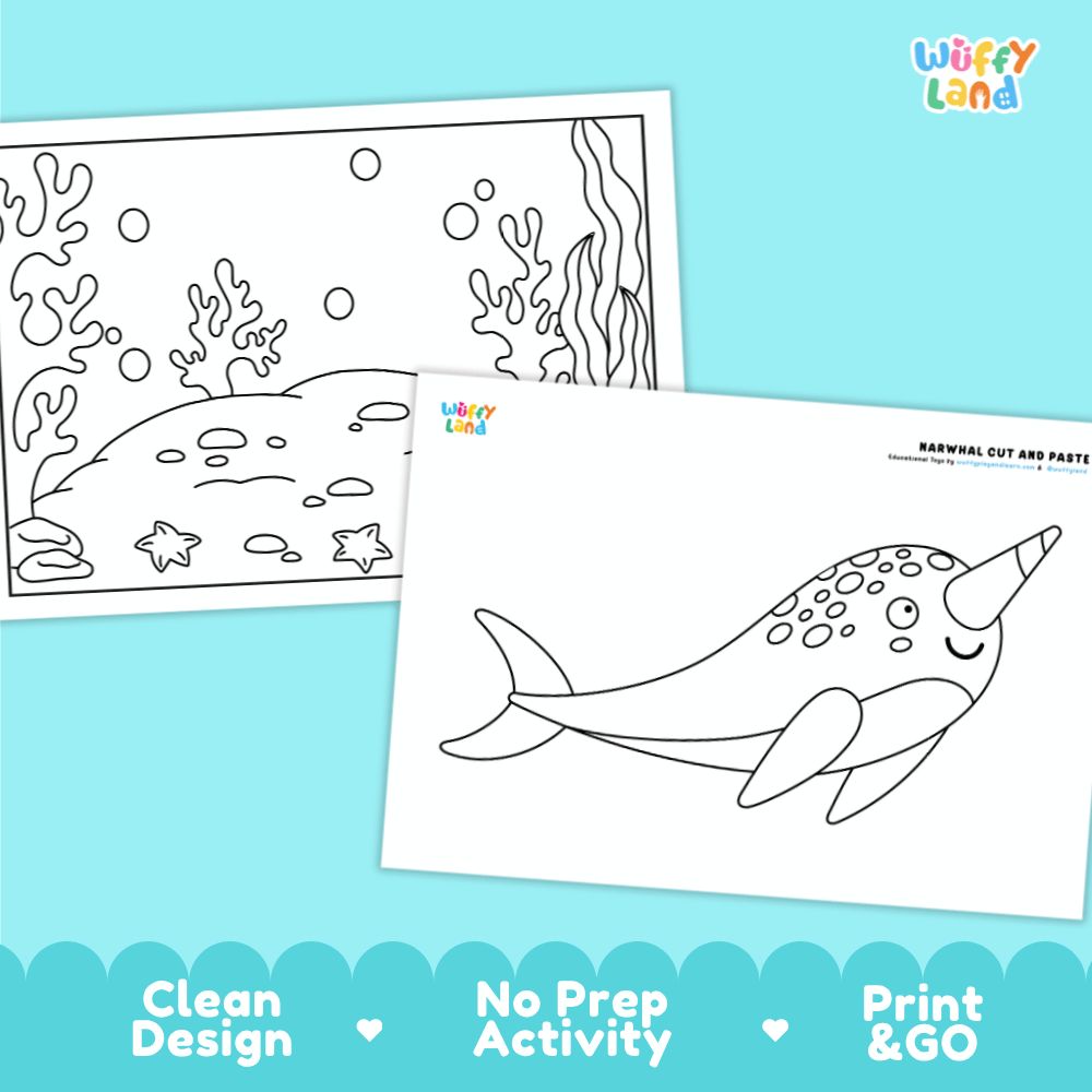 Narwhal Cut and Paste Craft and Coloring Activity Worksheets