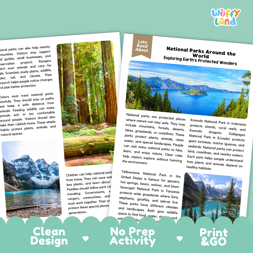 Teacher answer key page showing complete question solutions for National Parks Around the World world geography reading comprehension practice