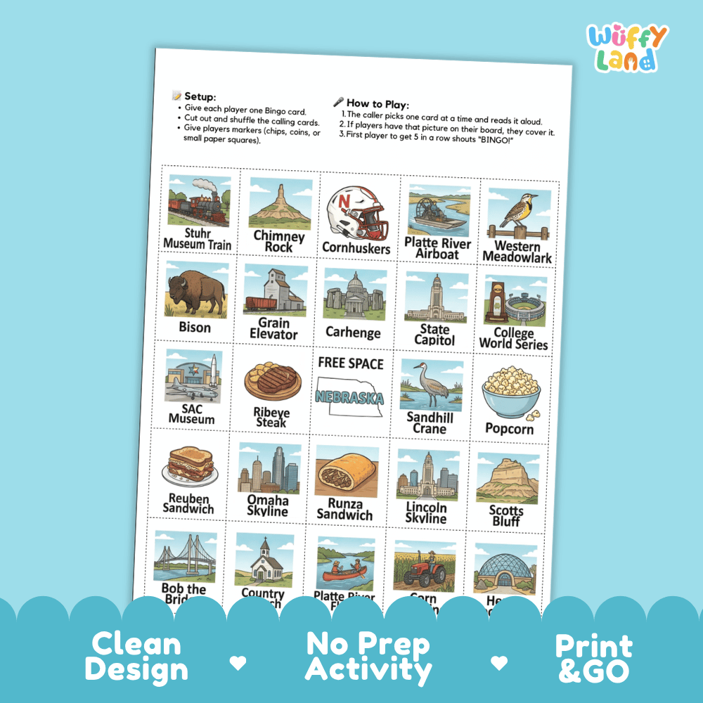 Nebraska Geography BINGO Game Cornhusker State Activity Printable Boards