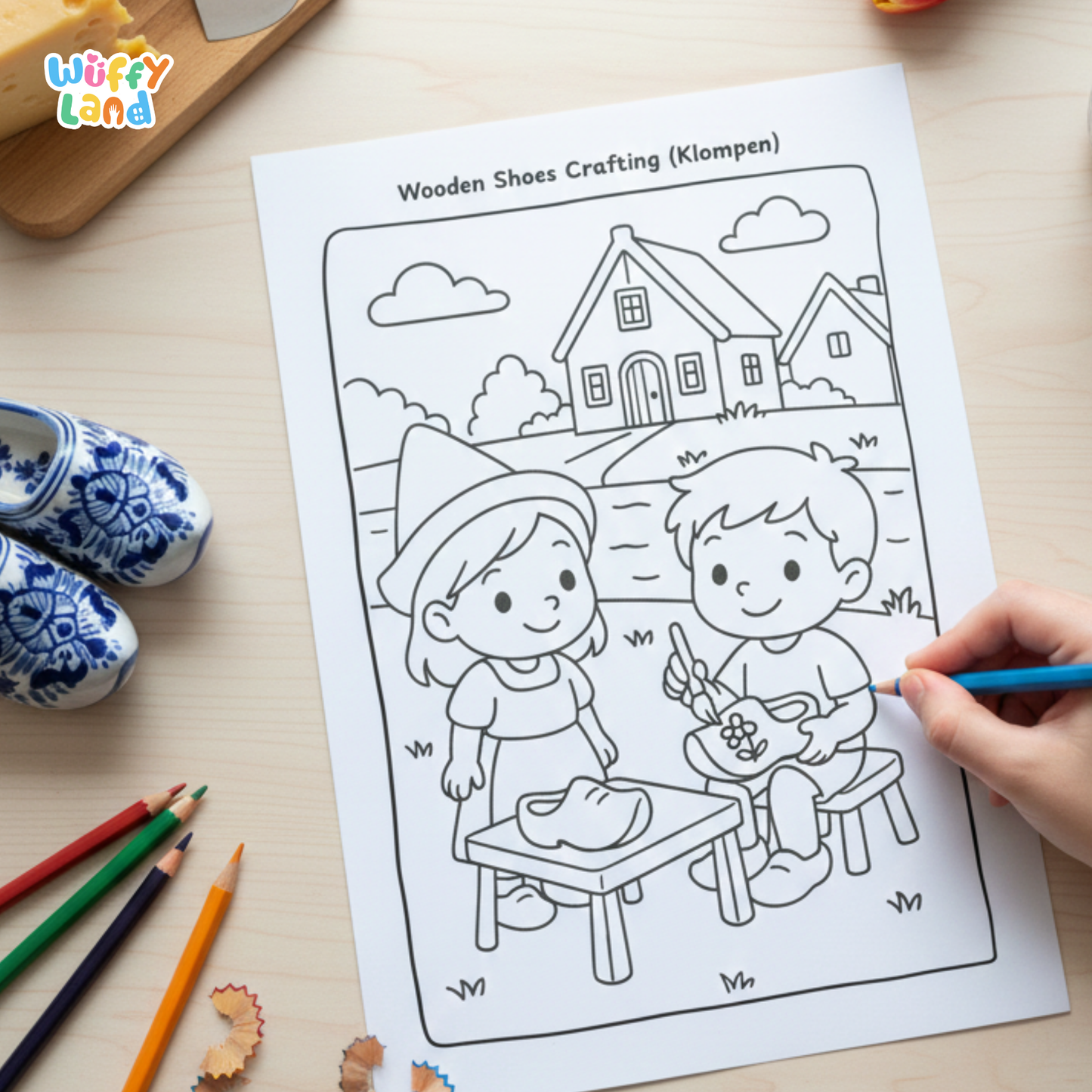 Black-and-white Netherlands coloring pages featuring children biking along Amsterdam canals, kids buying stroopwafels at a street market, and children ice skating near traditional Dutch windmills