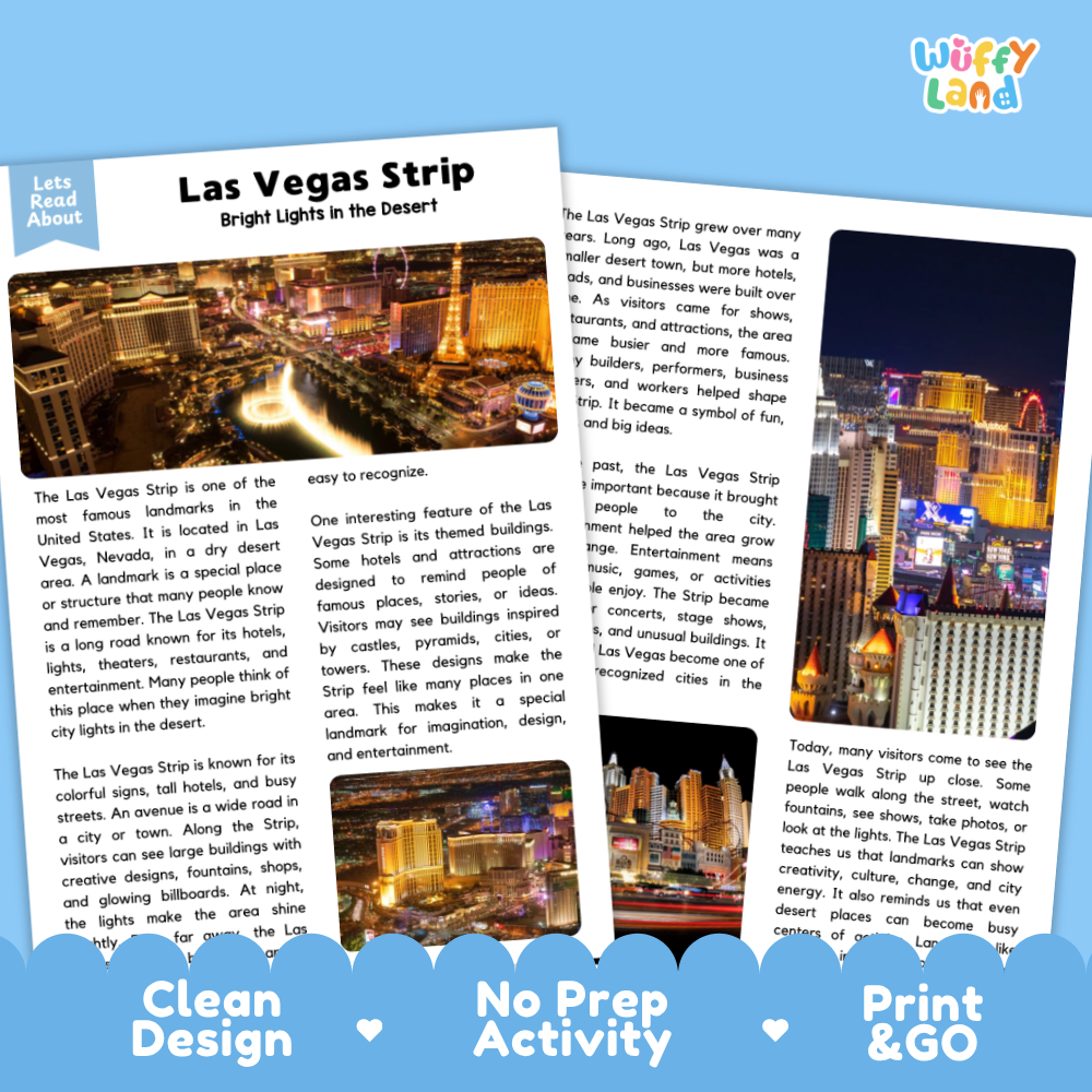 Printable Nevada landmarks reading activity about the Las Vegas Strip with nonfiction passage and comprehension questions for classroom and homeschool learning