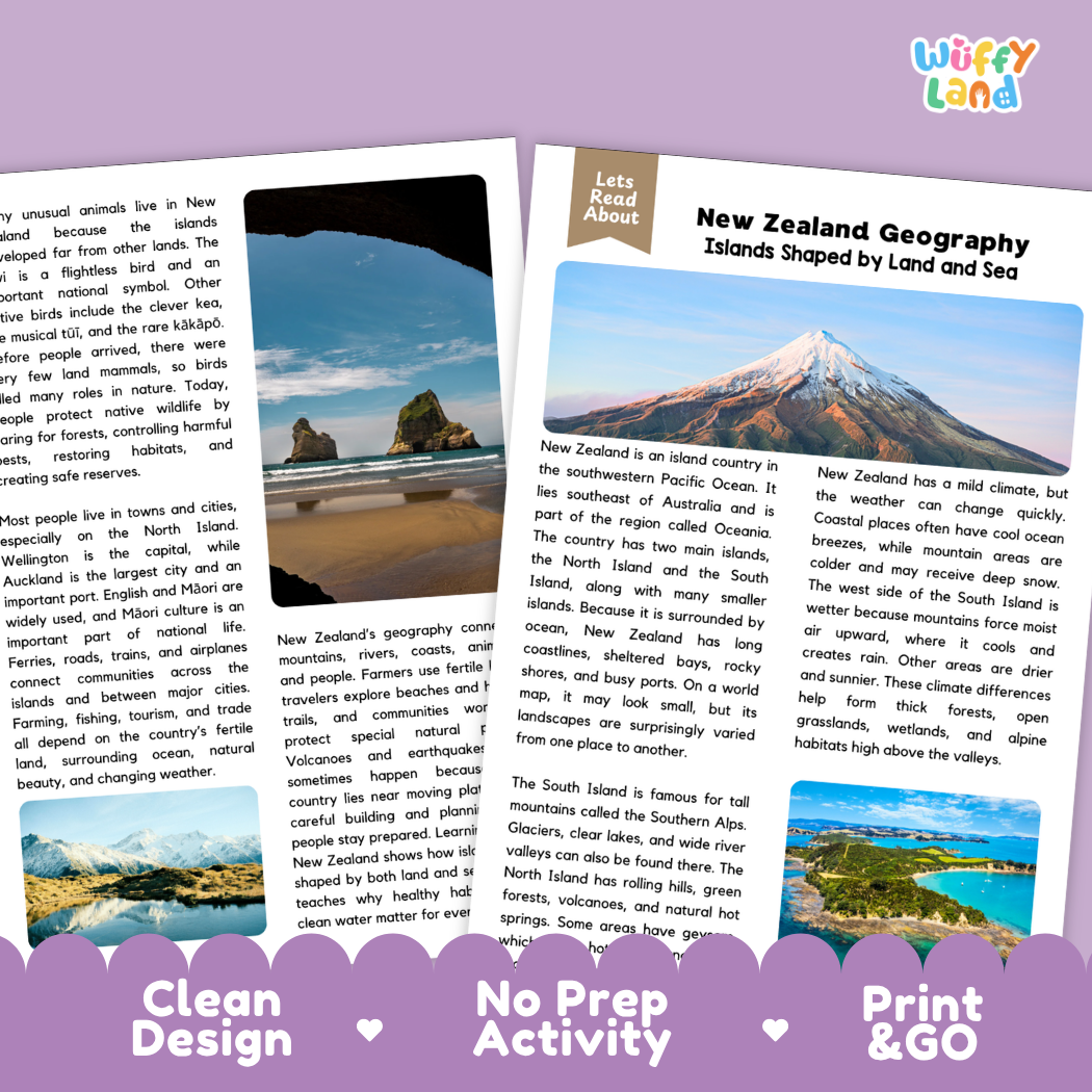 Teacher answer key page showing complete question solutions for New Zealand geography social studies reading comprehension practice