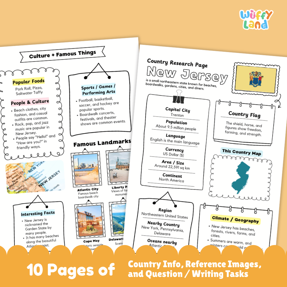 New Jersey Country Research Project Worksheets and Activity Pages