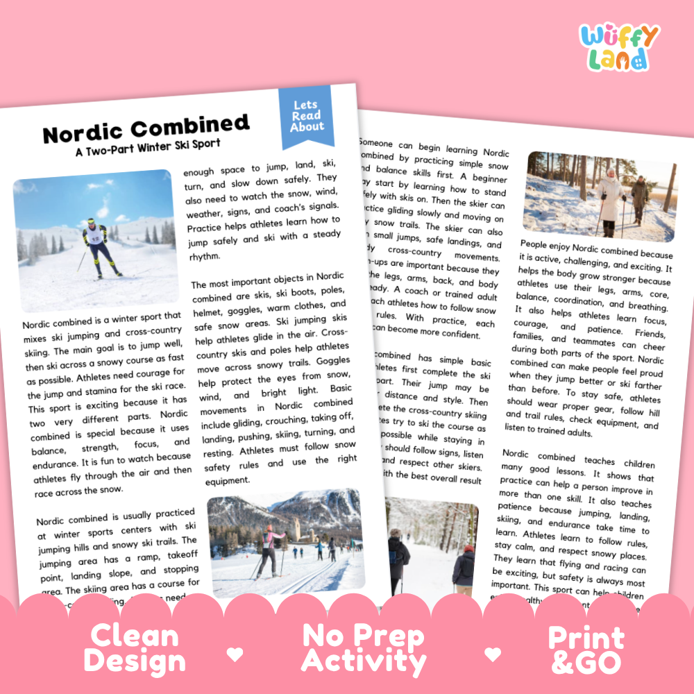 A promotional graphic for a winter ski sport booklet or guide titled 'Nordic Combined' with two children skiing, a small photo of a snowy mountain, and text including 'Wuffy Land,' 'Let's Read About,' 'Clean Design,' 'No Prep Activities,' and 'Print GO.' This is not a clean product photo of a physical item in a studio, and it is not a measurement chart, color swatch, instruction diagram, scenery-only artwork, or placeholder.