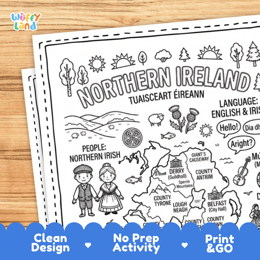 Cultural coloring page featuring traditional Northern Irish attire, folk harp music, folk dance, and regional greeting speech bubbles