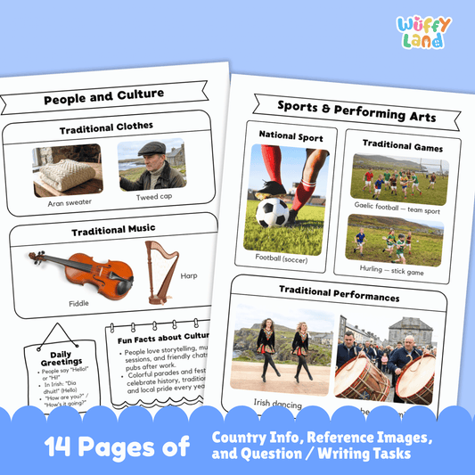 A set of printable Northern Ireland country research worksheets featuring information about the capital city Belfast, population, language, currency, flag, climate, geography, culture, sports, traditional music and clothing, famous landmarks, and student research and writing pages.