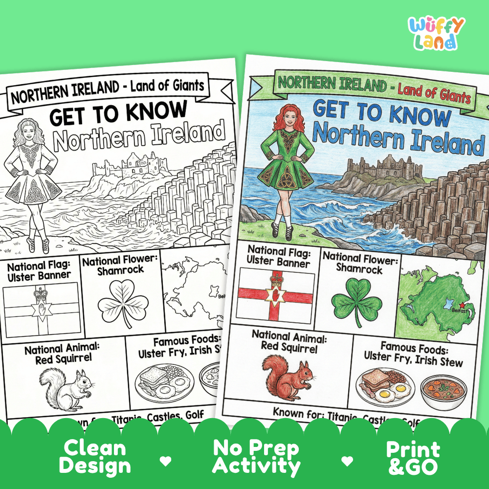 Northern Ireland Geography Coloring Poster | Country Study Research Worksheet Activity