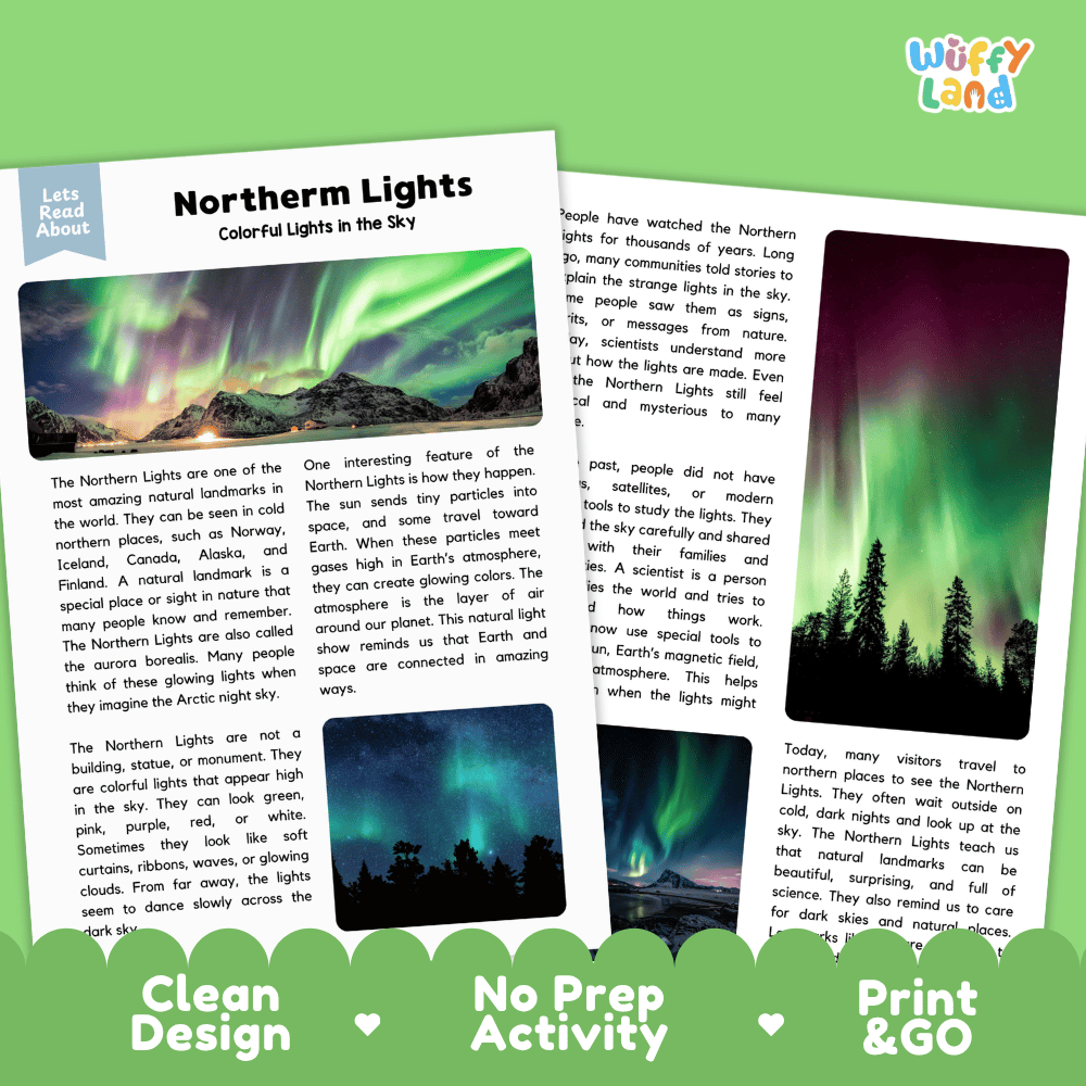 Northern Lights Landmark Reading Passages and Comprehension Worksheets