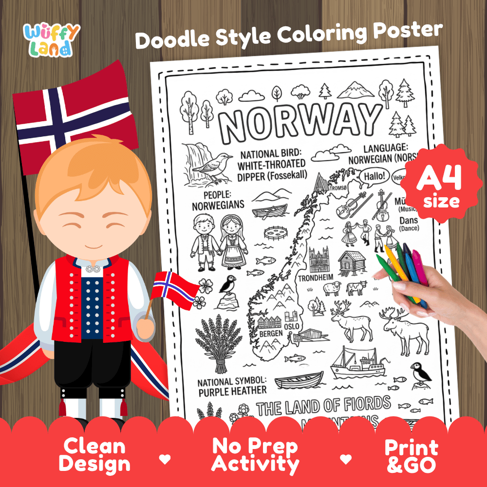 Printable A4 doodle coloring poster highlighting Norway map, White-Throated Dipper, Viking ship, and Stave Church 🎨🐦