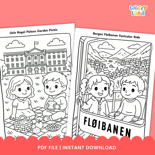 Printable Norway geography coloring pages featuring kid-friendly illustrations of Norwegian landmarks and culture, including a fjord boat ride, the Bergen Fløibanen funicular, and a reindeer encounter, designed to support geography learning and country studies for elementary students.