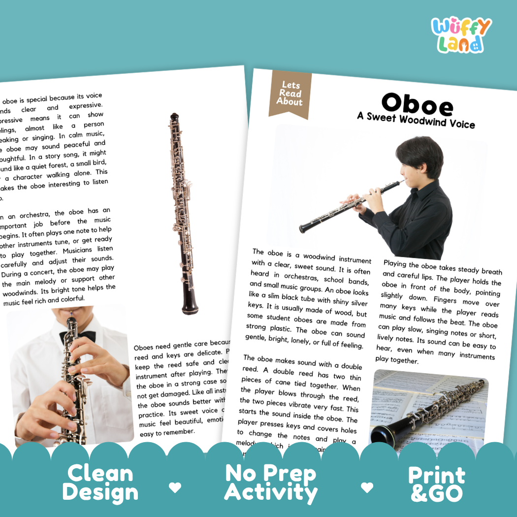 Teacher answer key page showing complete question solutions for Oboe music education reading comprehension practice