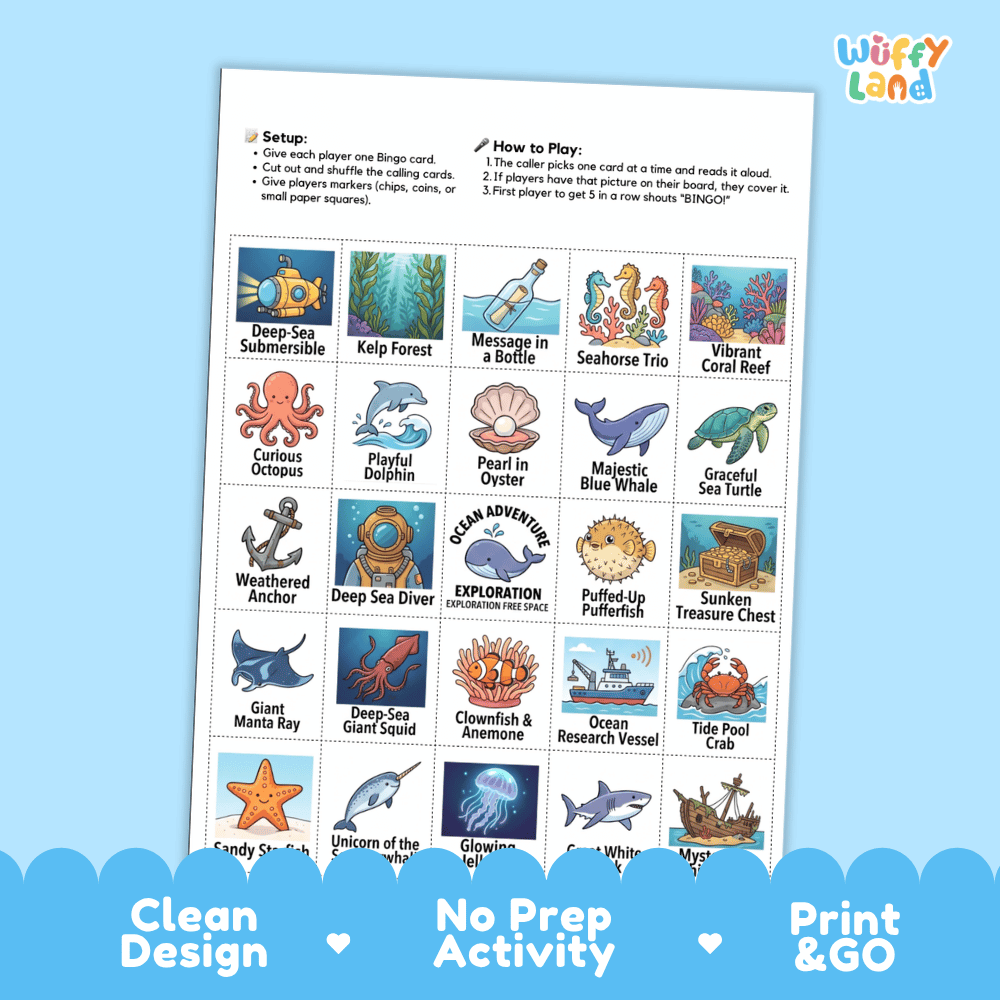 Ocean Exploration Bingo Games Printable Activity