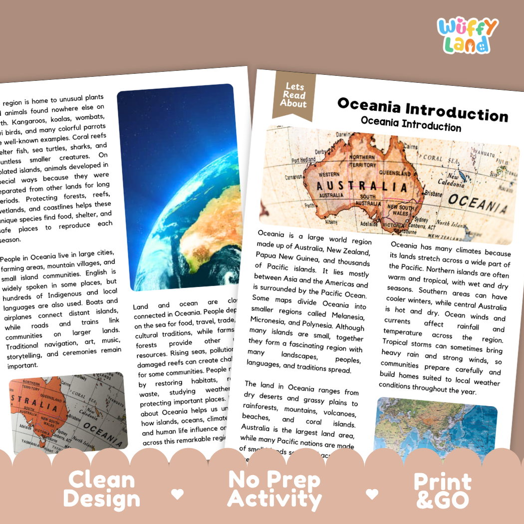 Teacher answer key page showing complete question solutions for Oceania geography social studies reading comprehension practice
