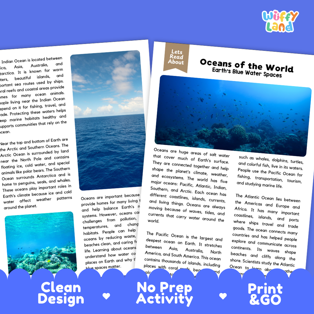 Teacher answer key page showing complete question solutions for Oceans of the World Earth science and geography reading comprehension practice