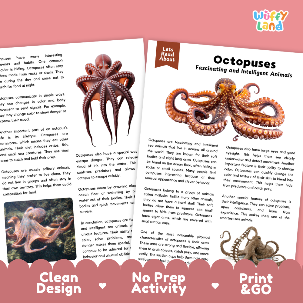 Octopuses Reading Passage and Comprehension Questions Worksheets