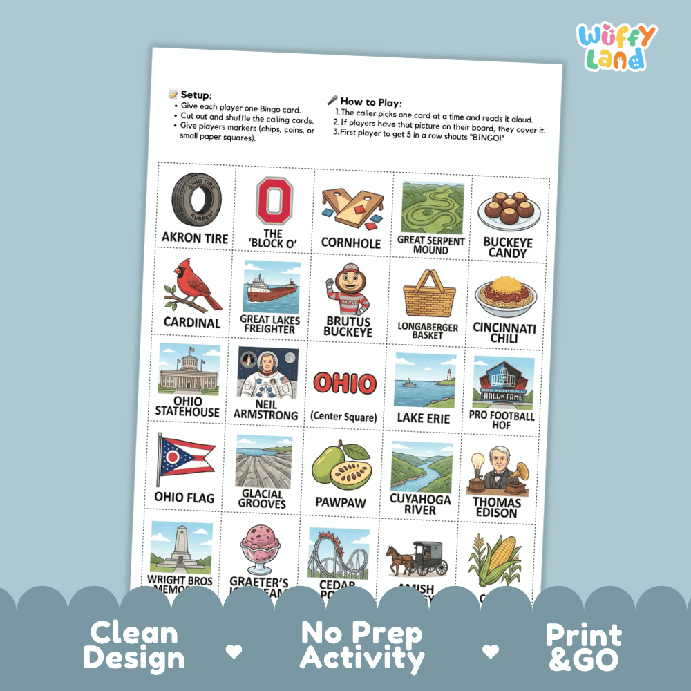 Ohio Geography BINGO Game Buckeye State Activity Printable Boards