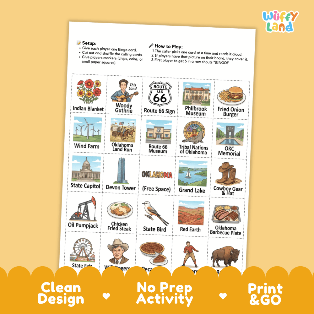 Oklahoma Geography BINGO Game Sooner State Activity Printable Boards