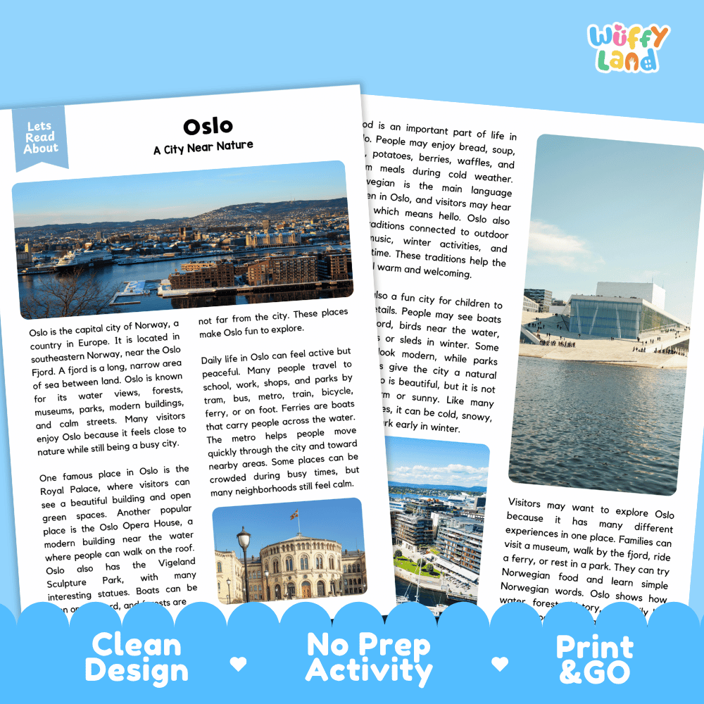 Reference sheet and answer key for Oslo landmark reading passage displaying completed comprehension answers and European geography facts