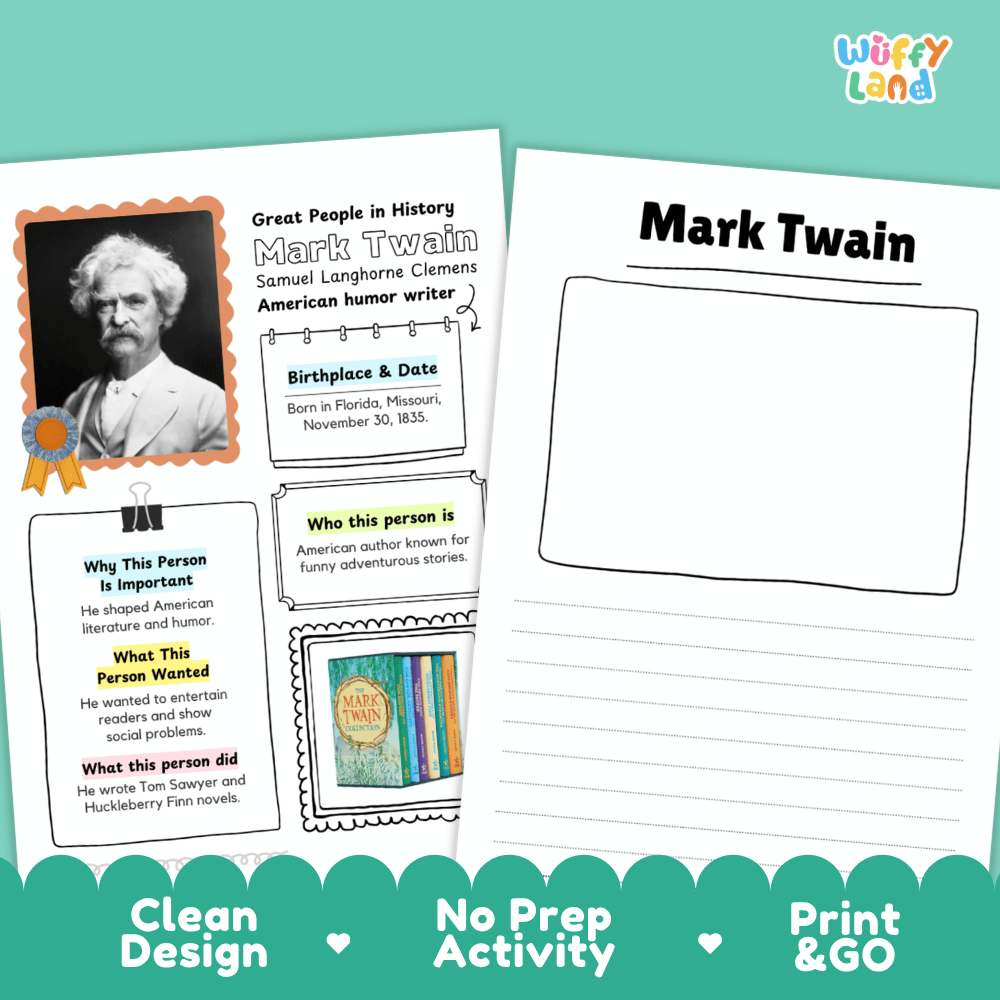 Mark Twain Famous People Research Page Worksheets