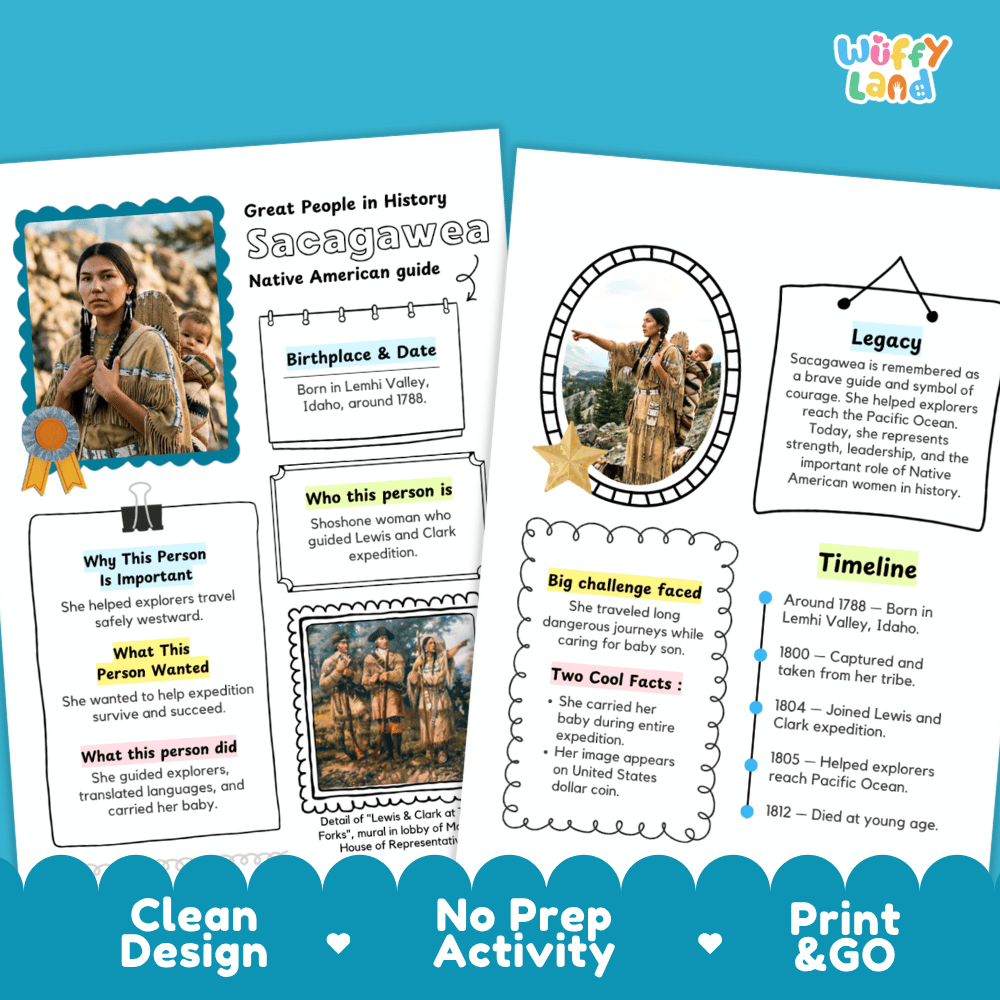 Two printed educational poster pages about Sacagawea displayed on a white background with a soft shadow. The pages feature a clean, colorful layout with text sections, timelines, and biographical facts, along with small historical photos.