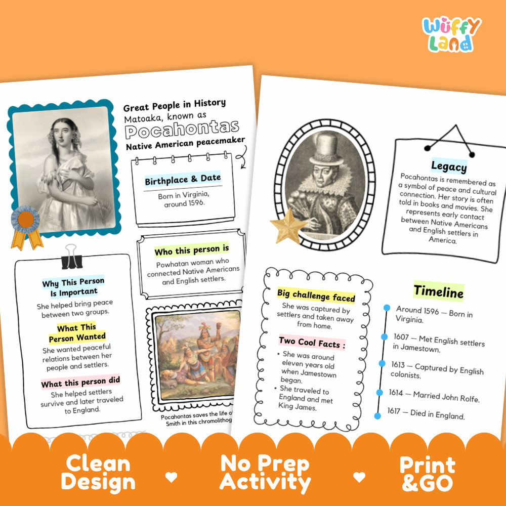 Two printable educational poster cards about Pocahontas displayed on an orange background. The cards feature a clean, colorful design with text boxes, borders, and icons, and are labeled 'Print & Go' at the bottom.