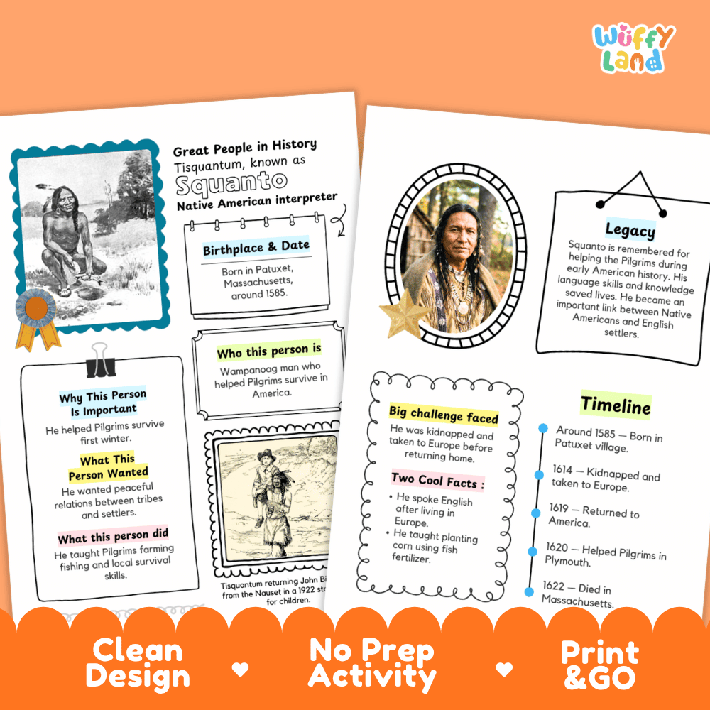 Squanto Biography Research Project and Worksheets - Famous People in History