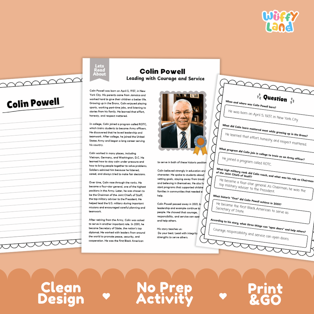 Colin Powell Biography Reading Passage and Writing Activity Worksheets
