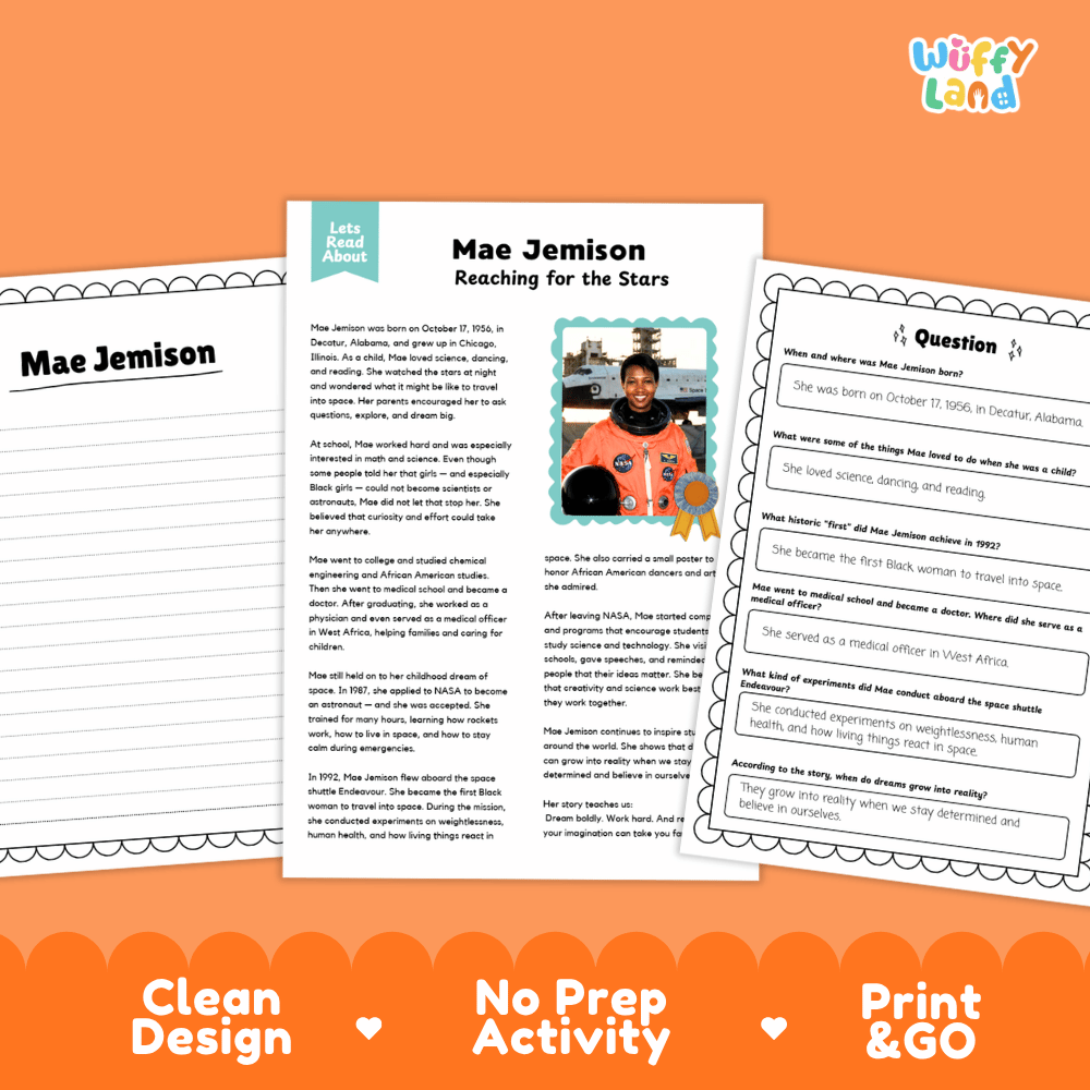 Three printable worksheet pages for a Mae Jemison educational activity, displayed on an orange background with decorative text reading 'Clean Design', 'No Prep Activity', and 'Print & GO'. The pages include a main text page, a side title page, and a question sheet with a small portrait photo of Mae Jemison.