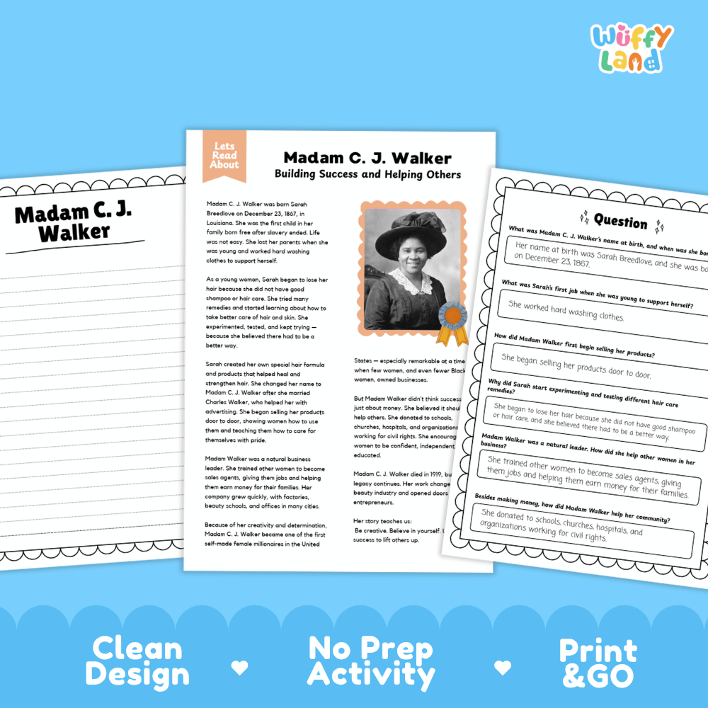 Madam C. J. Walker Biography Reading Passage and Writing Activity Worksheets