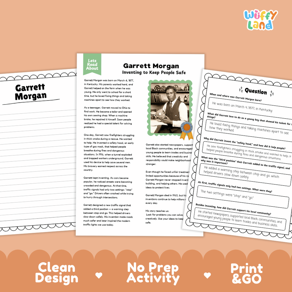 Garrett Morgan Biography Reading Passage and Writing Activity Worksheets