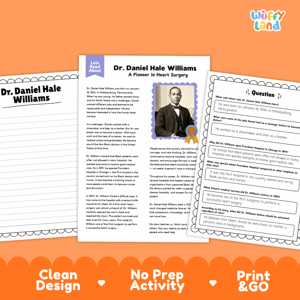 Dr. Daniel Hale Williams Biography Reading Passage and Writing Activity Worksheets