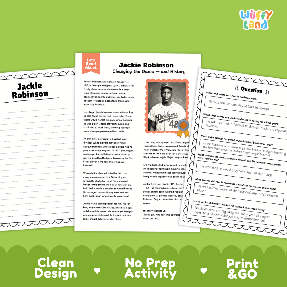 Jackie Robinson Biography Reading Passage and Writing Activity Worksheets