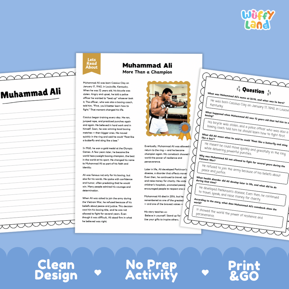 Muhammad Ali Biography Reading Passage and Writing Activity Worksheets